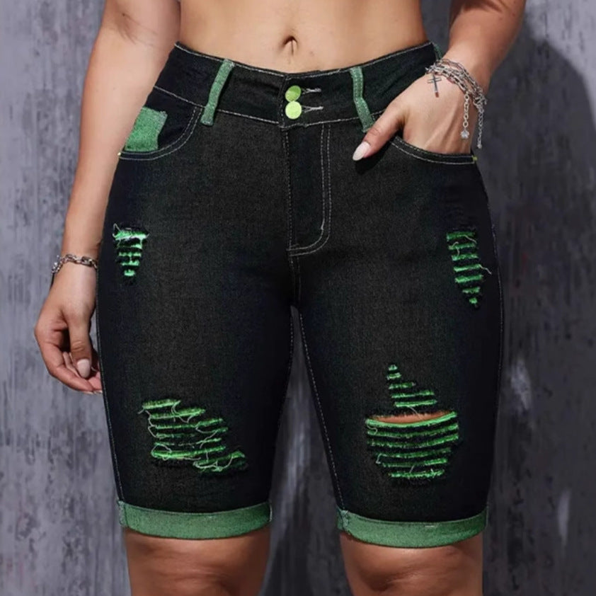 High-waisted distressed denim shorts for women with neon accents Chic & Stil