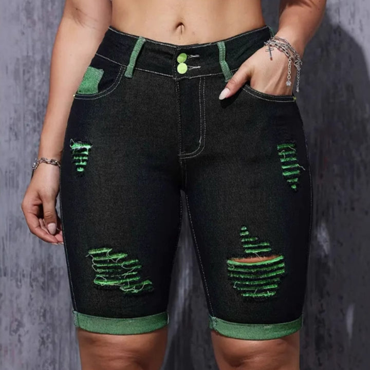 High-waisted distressed denim shorts for women with neon accents Chic & Stil