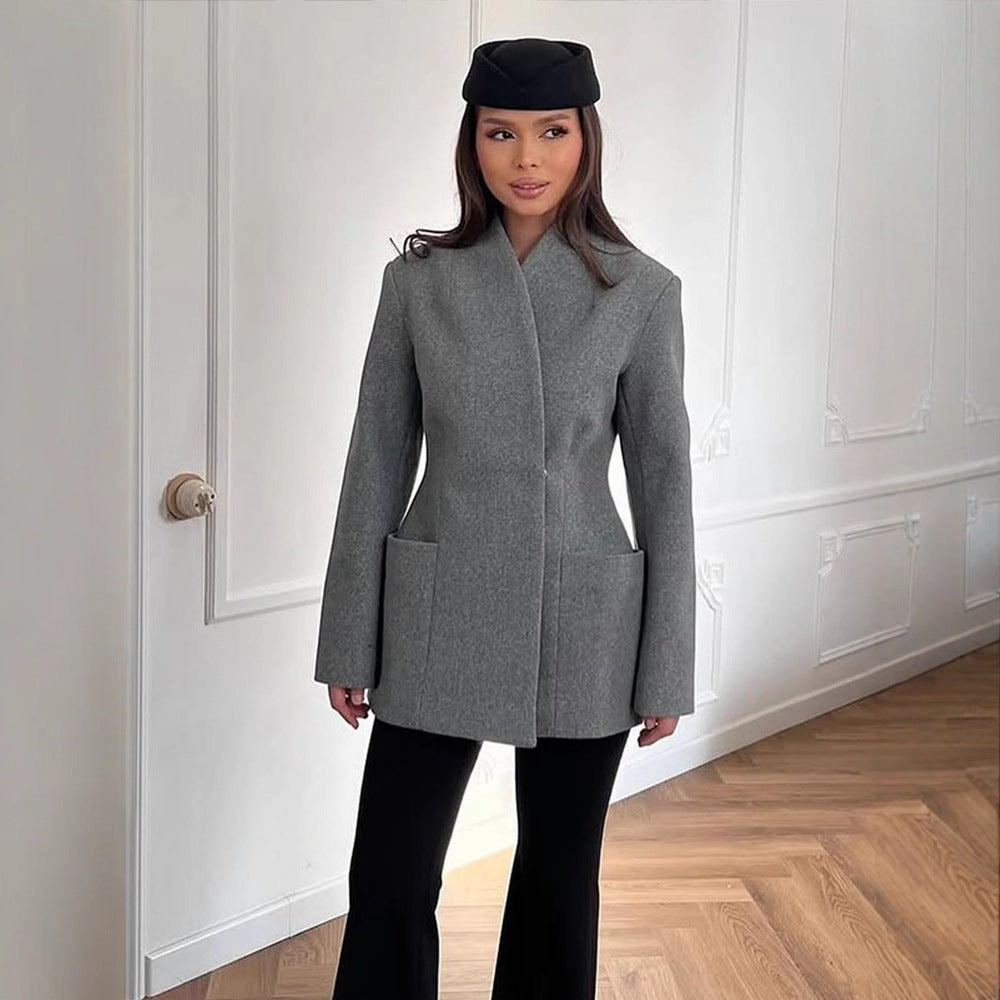 Women's Figure-Hugging Wool Blend Coat in Cocoon Cut with Concealed Button Placket Amarae