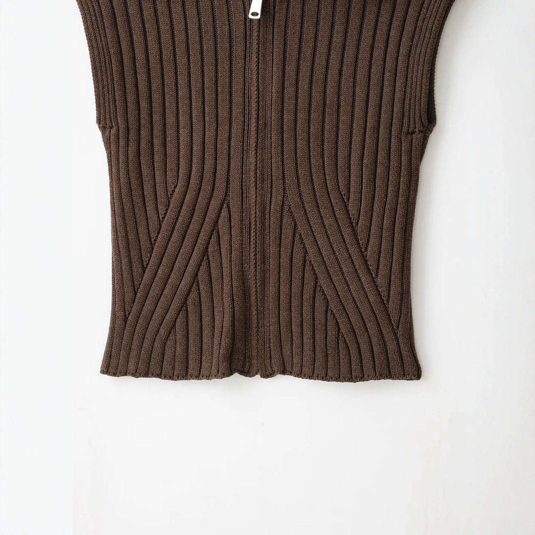 Women's Sleeveless Ribbed Knit Vest with Lapel Collar and Full Zipper Amarae