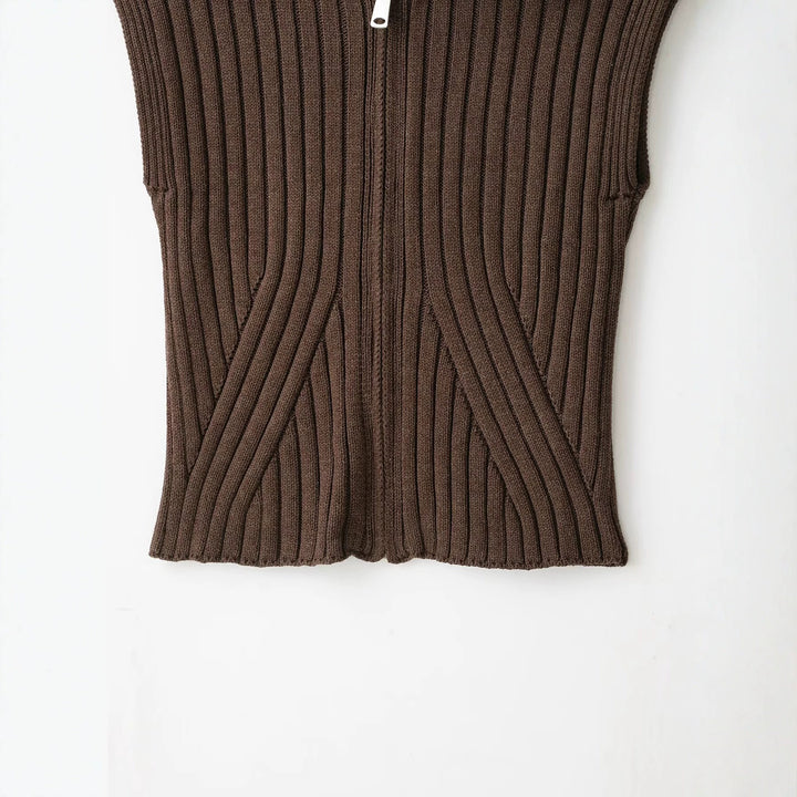 Women's Sleeveless Ribbed Knit Vest with Lapel Collar and Full Zipper Amarae