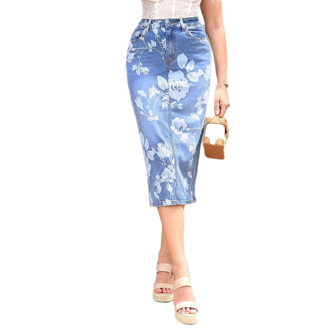 Women's high-waisted floral denim pencil skirt (Midi) Amarae