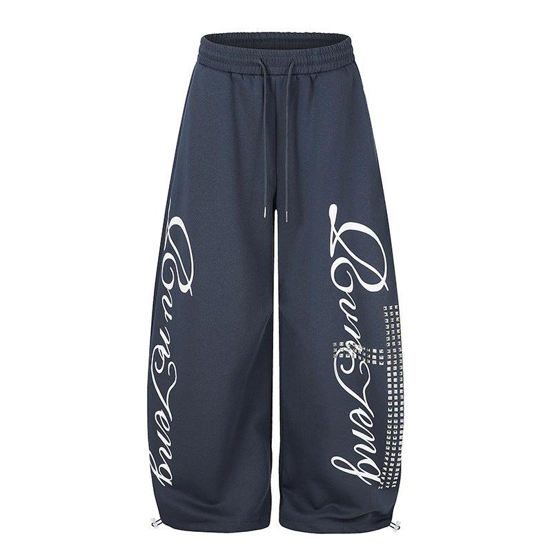 Women's Palazzo Sweatpants in Culotte Style with High Waist, Drawstring, Text Print and Rhinestone Trim Amarae