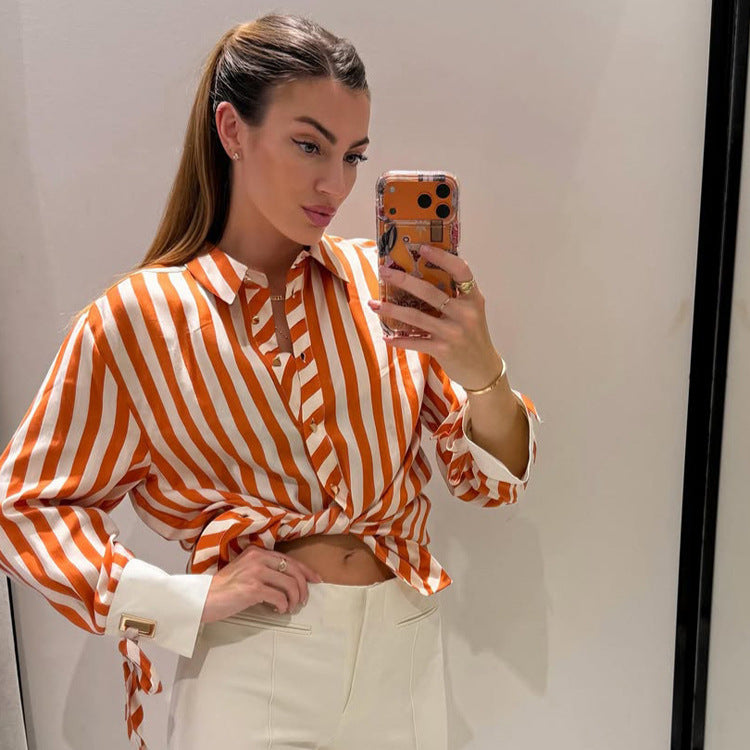 Women Striped Oversized Shirt Blouse with Contrasting Cuffs & Knot Finishes Amarae