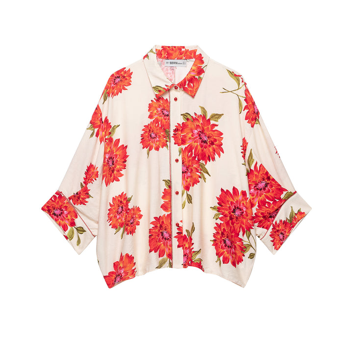 Women's oversized shirt blouse with large floral print, lapel collar and continuous button placket Amarae