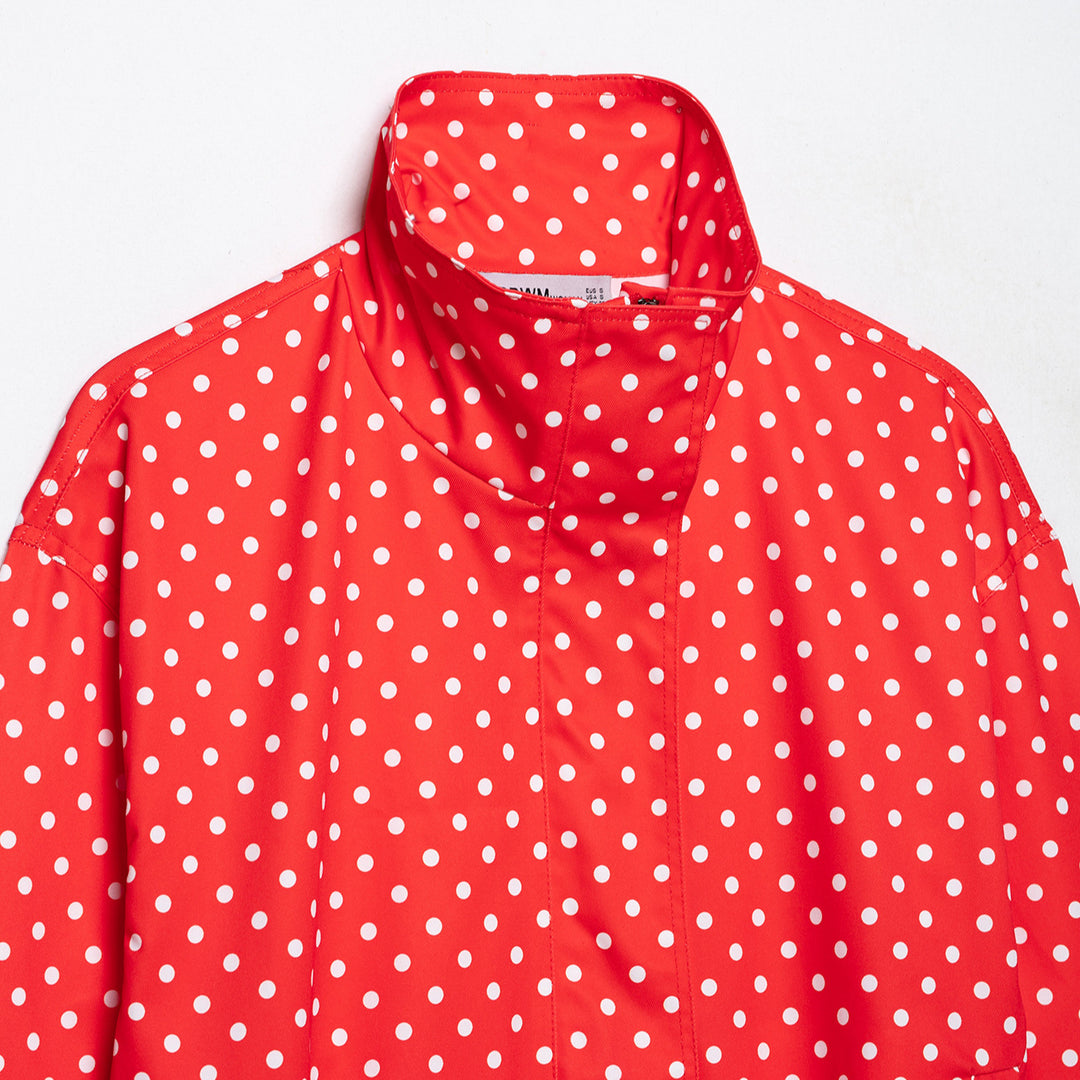 Women's Polka Dot Cropped Rain Jacket with Stand Collar and Drawstring Hood