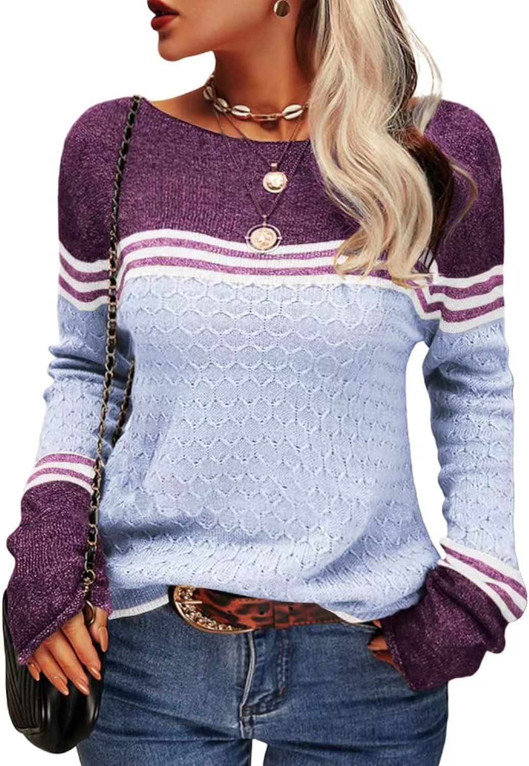 Pull tricoté décontracté pour femmes avec des blocs de couleur contrastants et une texture unique Chic & Stil