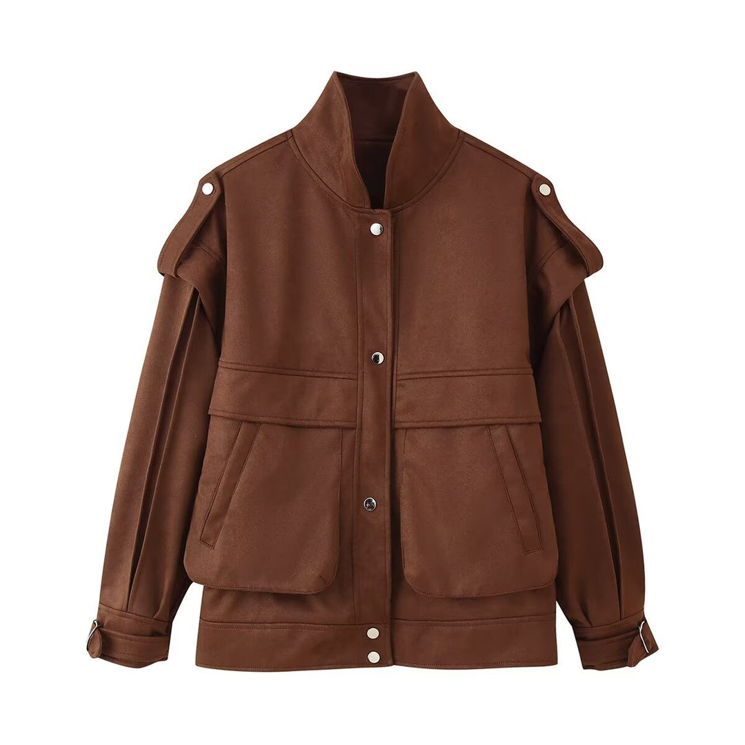 Ladies Trendy Utility Jacket with High Collar and Practical Chic Pockets and Style