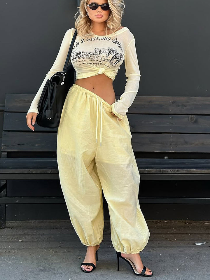 Women Lightweight Balloon Pants with Elastic Waistband, Drawstring & Ruched Ankle Cuff Amarae