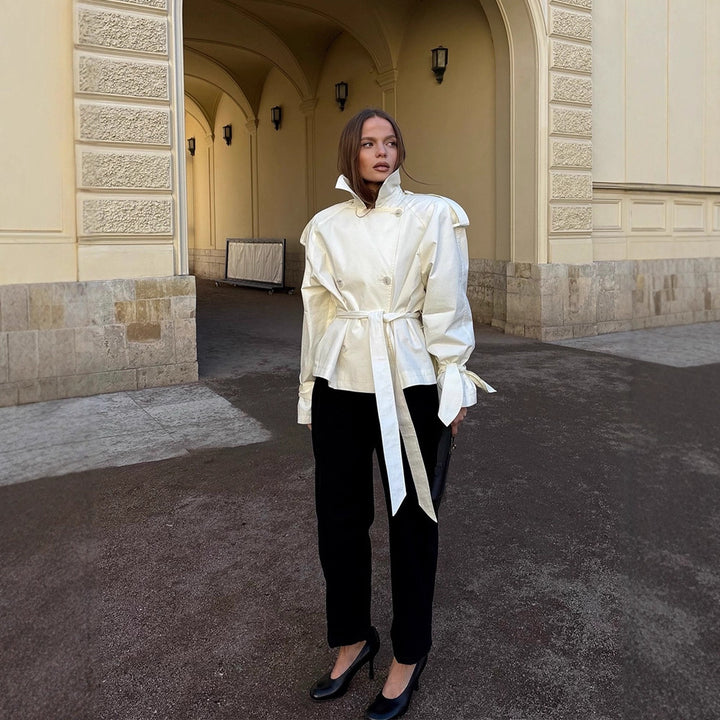Women’s cropped double-breasted trench coat with waist belt, voluminous sleeves, and knot cuffs Amarae