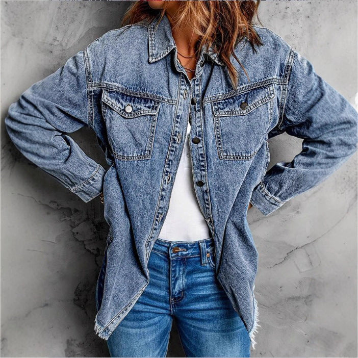 Women's Oversized Denim Jacket with Flap Pockets, Used Look and Raw Hem Amarae