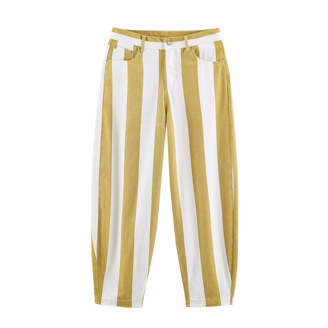Ladies Striped High Waist Five-Pocket Trousers with Straight Leg Amarae