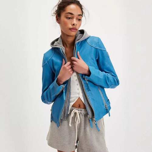 Ladies stylish leather jacket with removable hood Amarae
