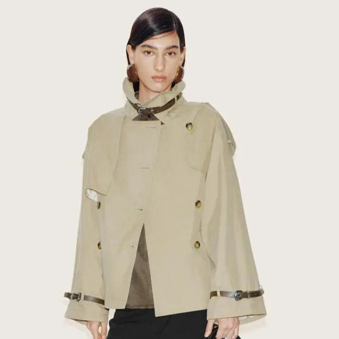 Women Short Boxy Trench Coat with Wide Lapels, Shoulder Straps and Adjustable Cuffs Amarae