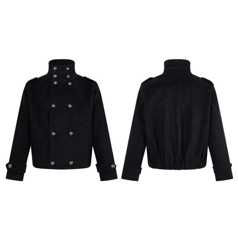 Women Short Double-Breasted Military Cab Jacket with Stand Collar and Epaulettes Amarae