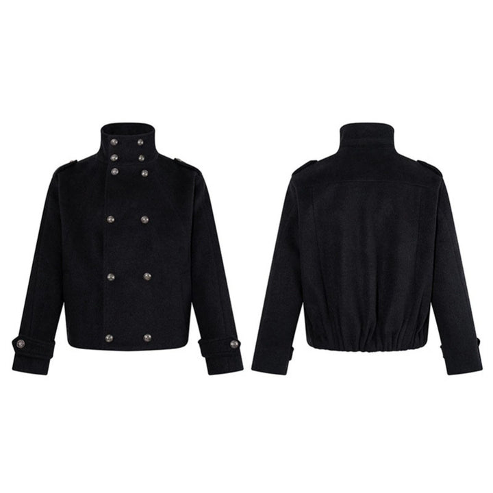 Women Short Double-Breasted Military Cab Jacket with Stand Collar and Epaulettes Amarae