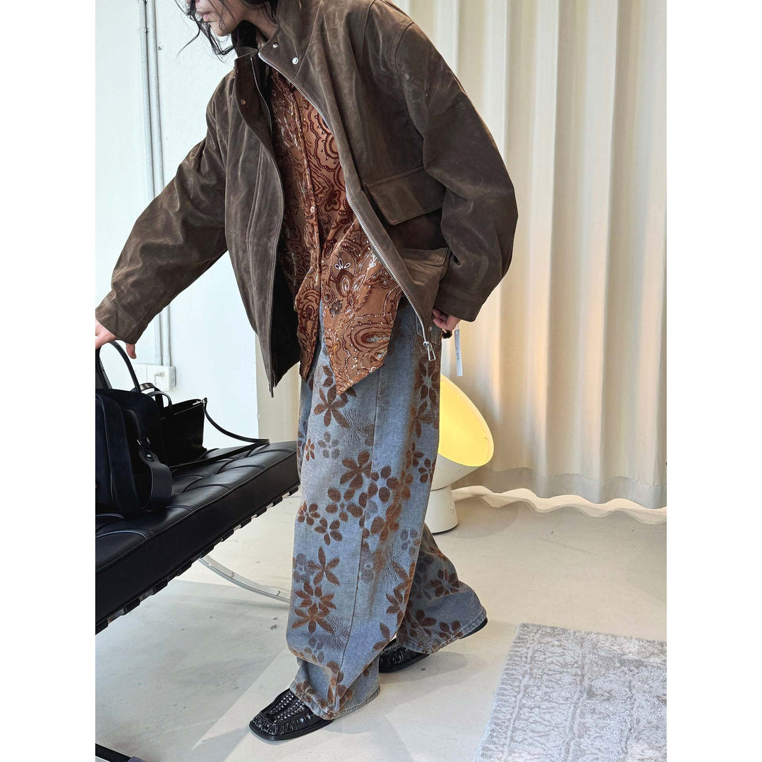 Women's High-Waisted Baggy Jeans with Floral Velvet Print Amarae