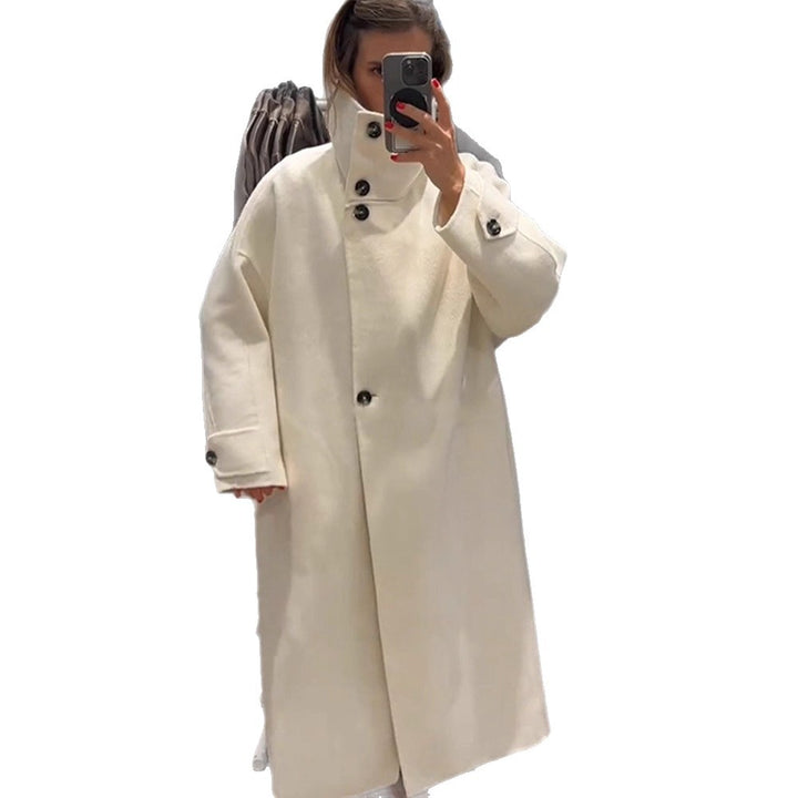 Women Oversize Wool Blend Coat with Asymmetrical Cut and High Stand-Up Collar Amarae