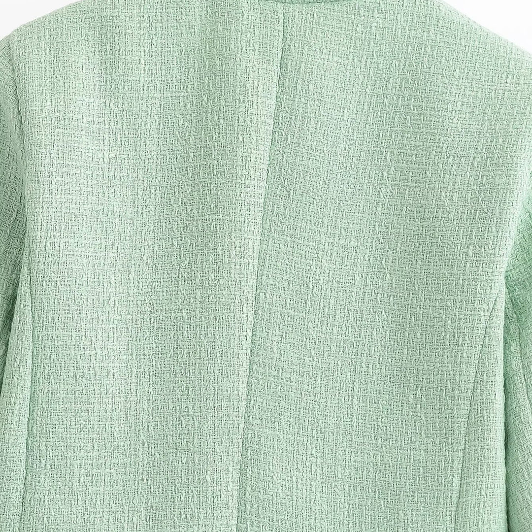 Women Cropped Boucle Blazer with Fringe Hem, Stand-up Collar and Piped Pockets Amarae