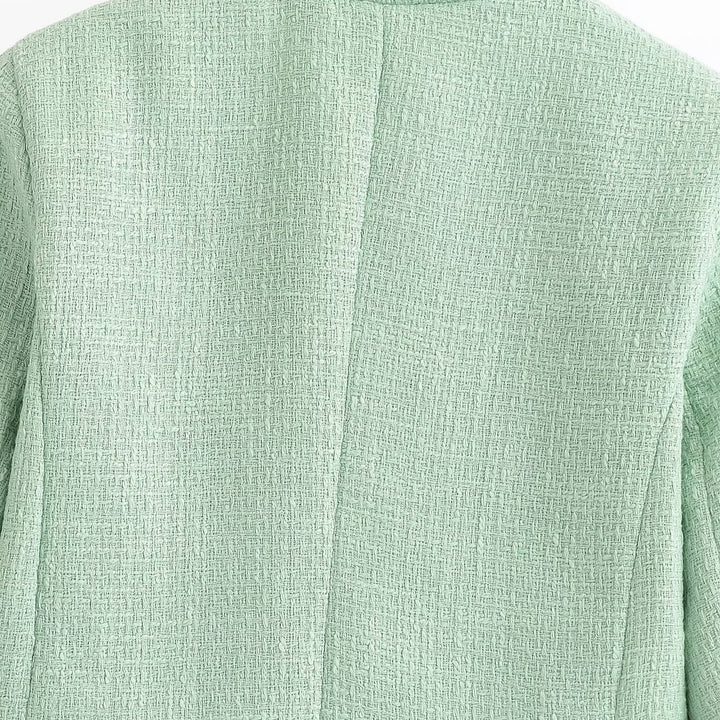 Women Cropped Boucle Blazer with Fringe Hem, Stand-up Collar and Piped Pockets Amarae