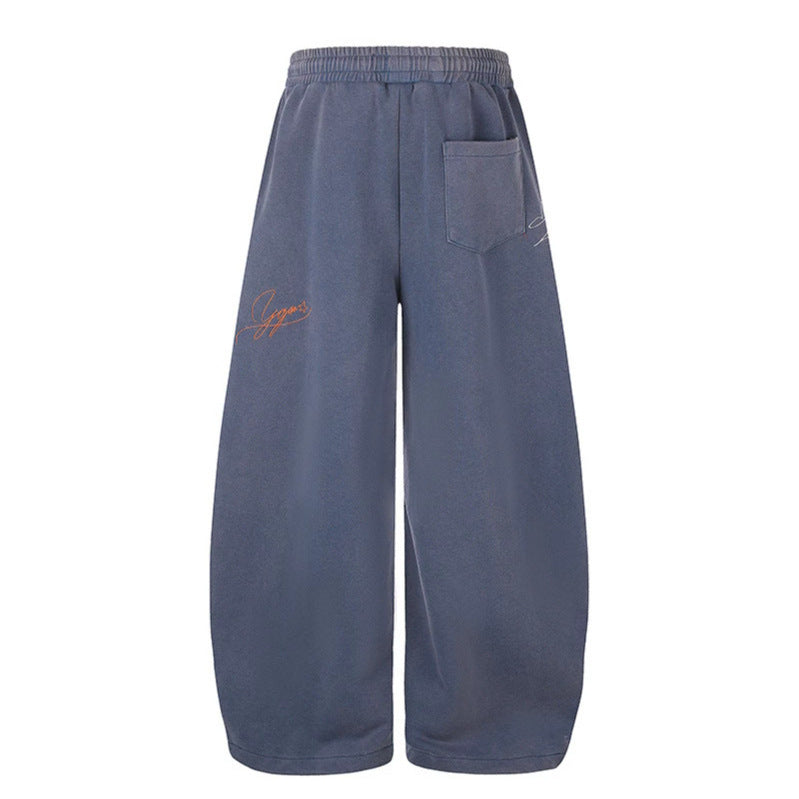 Women's Extra Wide Palazzo Sweatpants with Drawstring Waist, Embroidery Details, and Adjustable Hem