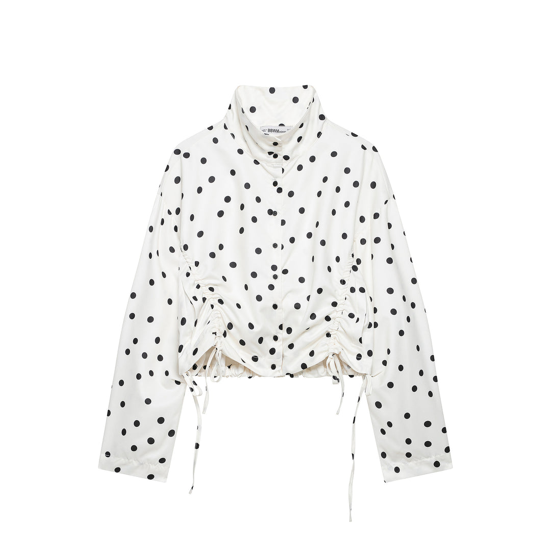 Women's Cropped Polka Dot Blouson Jacket with Standing Collar and Drawstring