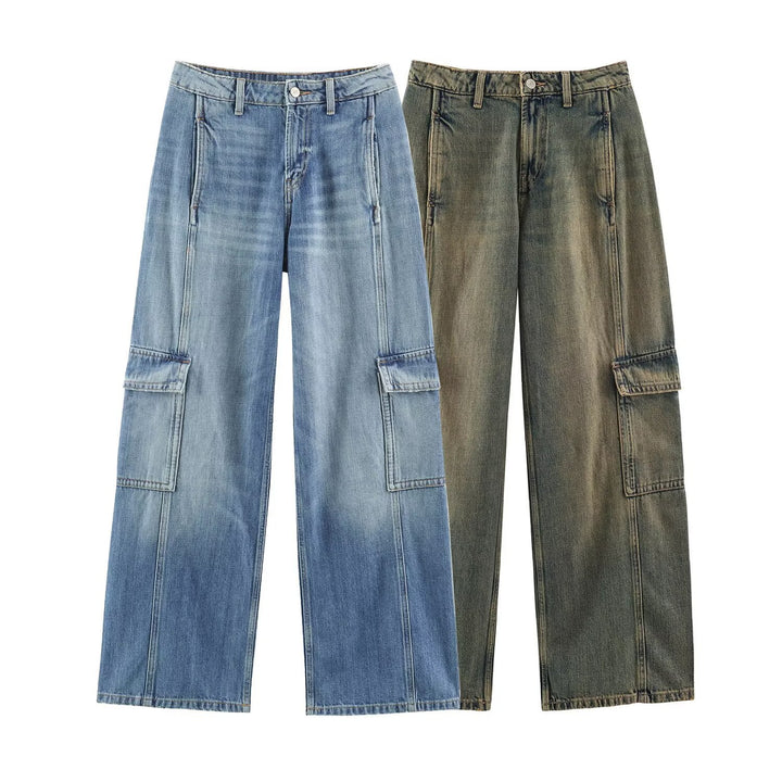 Women's cargo jeans with wide legs, high waist and patch thigh pockets Amarae