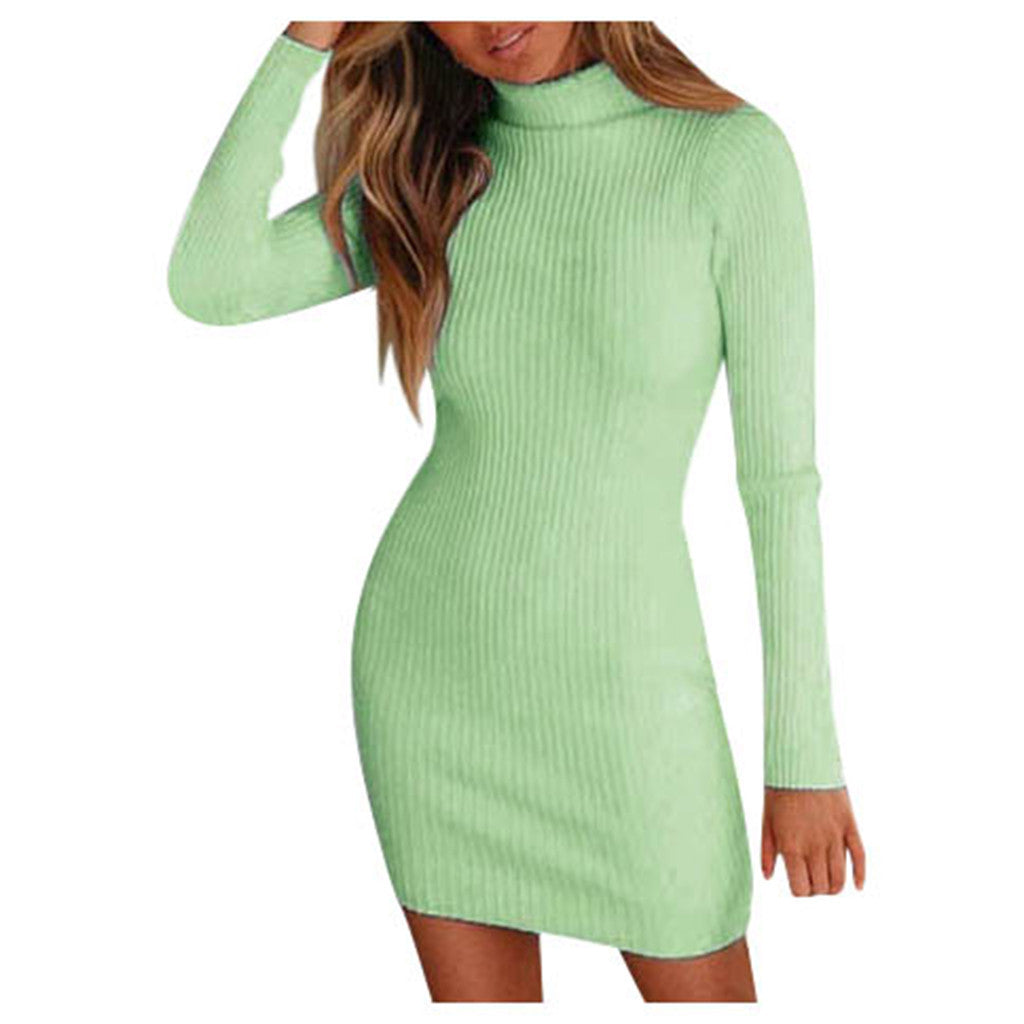 Women's Close-Fitting Ribbed Knit Mini Dress with Roll Neck and Long Sleeves Amarae
