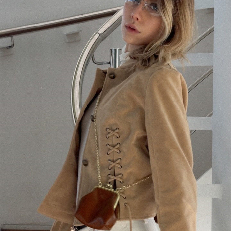 Women's short blazer made of suede with a fitted lace-up corset and stand-up collar Amarae