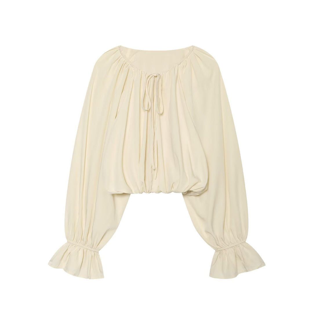 Women's Carmen Cropped Blouse with Drawstring Collar, Ruffled Hem and Balloon Sleeves Amarae
