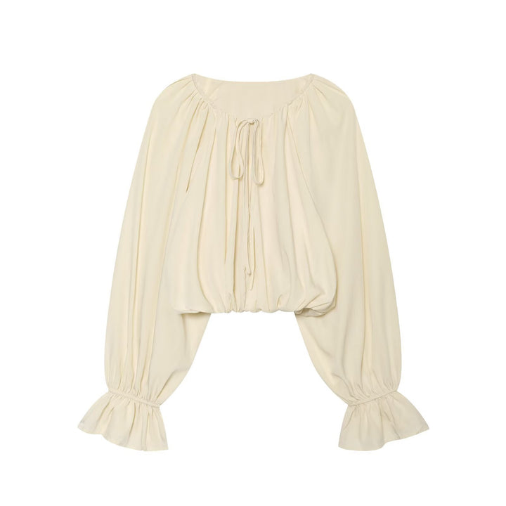 Women's Carmen Cropped Blouse with Drawstring Collar, Ruffled Hem and Balloon Sleeves Amarae