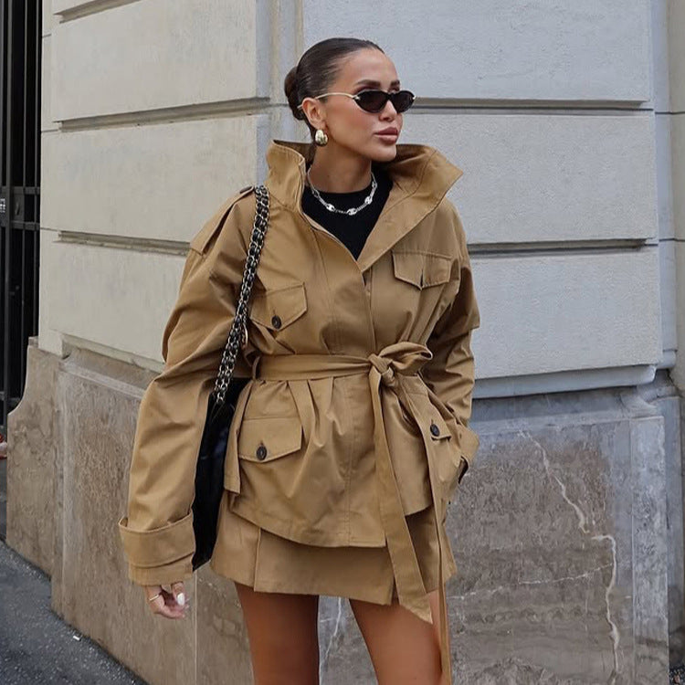 Women's Tailored Utility Jacket with Tie Belt, High Stand Collar and Flap Pockets Amarae