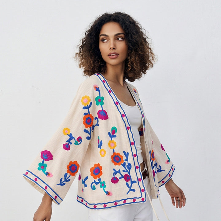Women embroidered linen wrap jacket with folkloric flower appliqués Amarae
