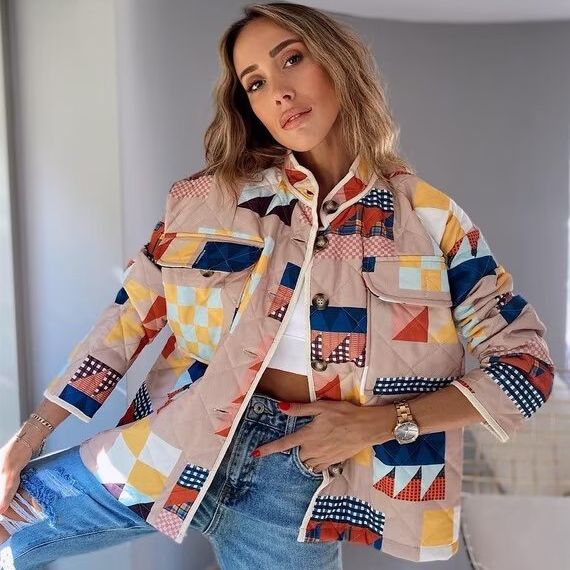 Quilted transitional jacket for women with a colorful patchwork pattern and large pockets Lune London
