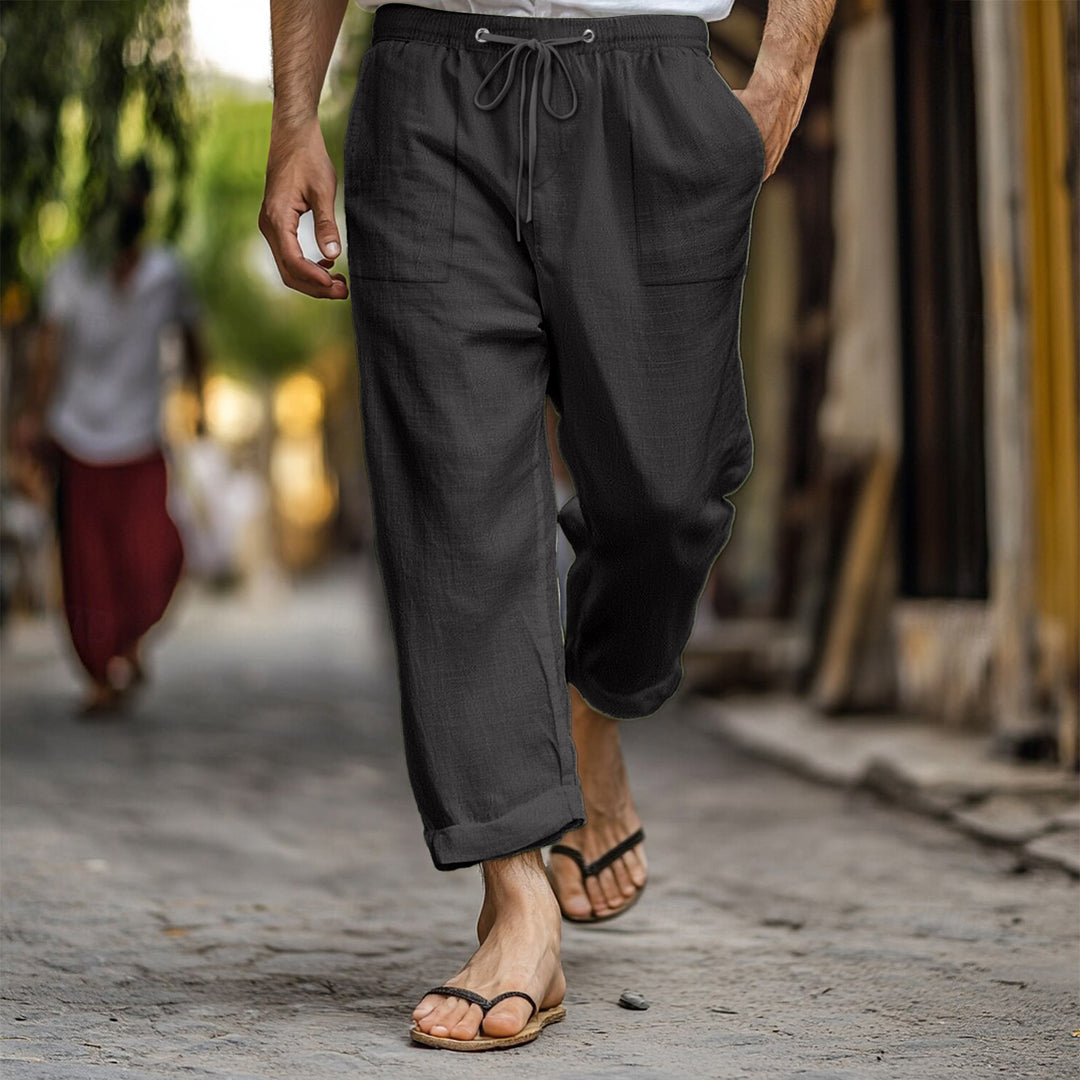 Casual and breathable linen pants for men with elastic waistband and practical side pockets Lune London