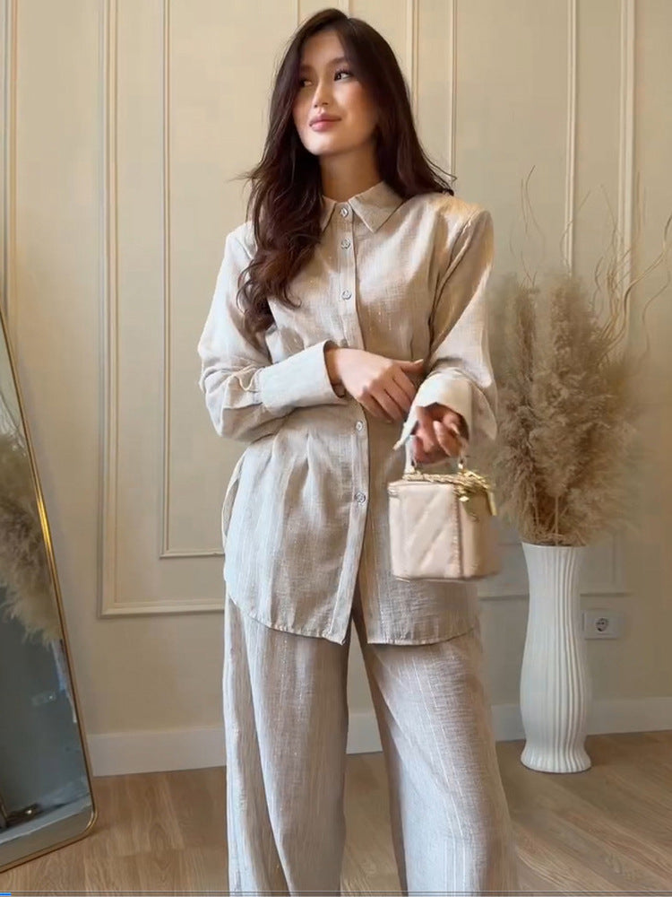Women's Lightweight Linen Loungewear Set with Oversized Shirt and Wide Leg Pants Amarae