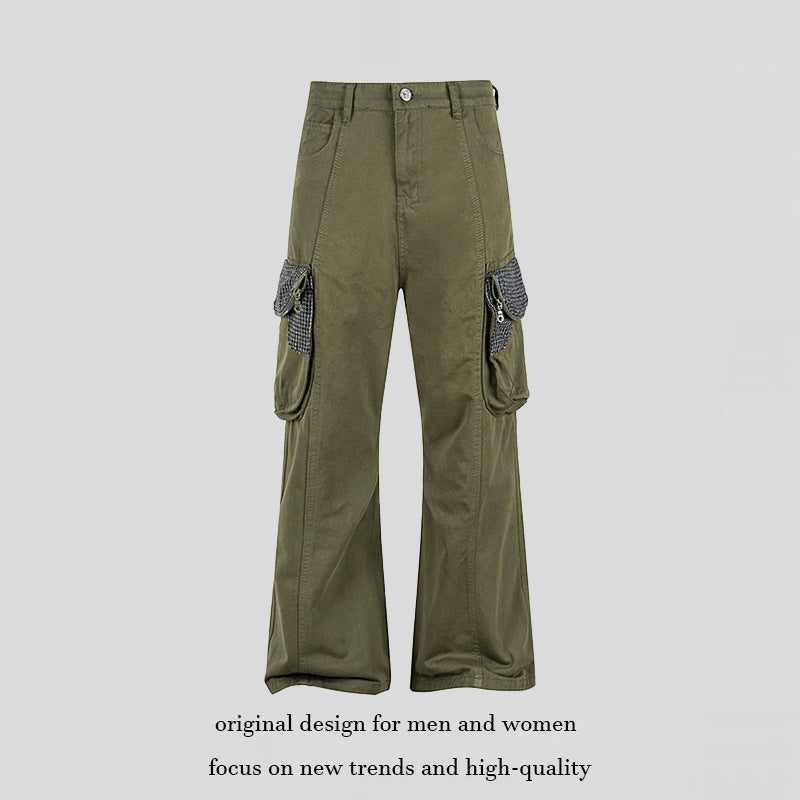 Women Cargo Pants with Wide Leg, Utility Pockets and Plaid Pattern Details Amarae