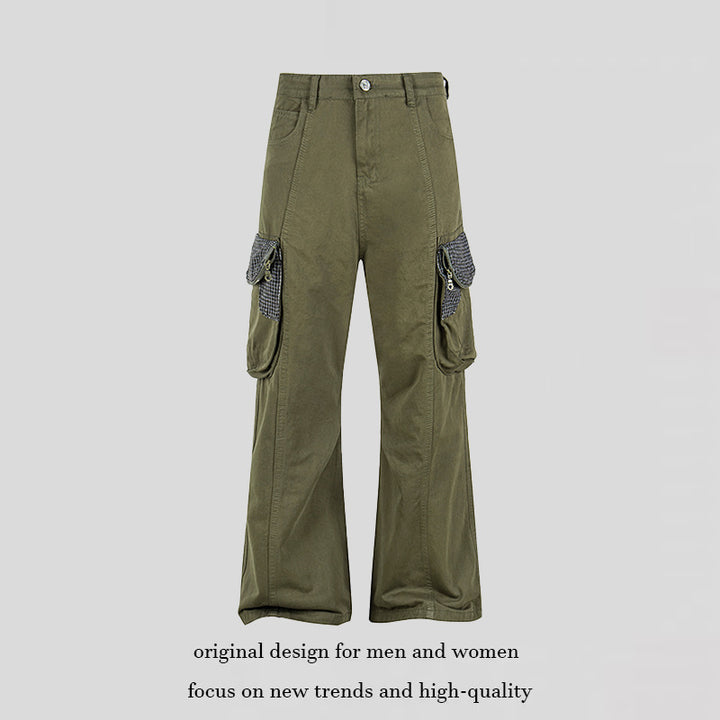 Women Cargo Pants with Wide Leg, Utility Pockets and Plaid Pattern Details Amarae