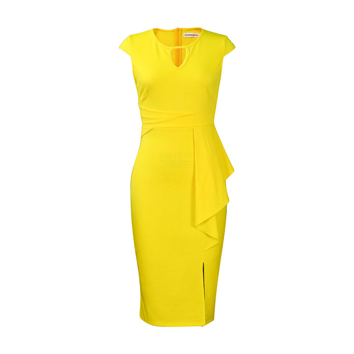 Women's fitted dress with asymmetrical draping and slit Lune London