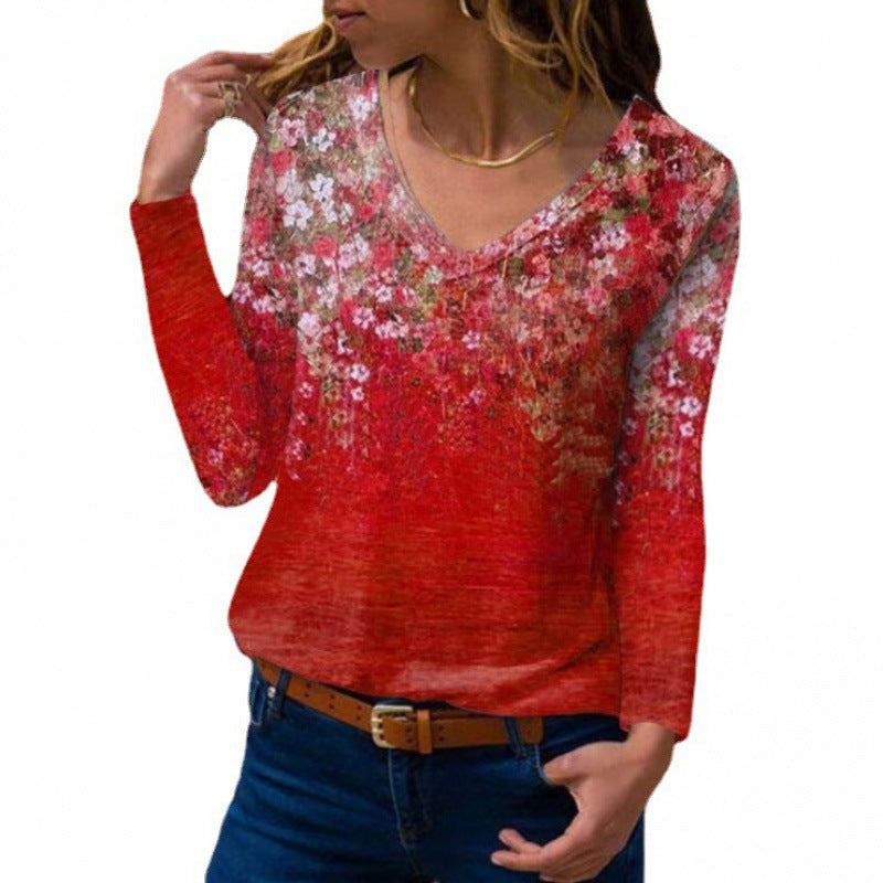 Women Long Sleeve V-Neck Tunic with Floral Watercolor Print and Light Jersey Quality Amarae