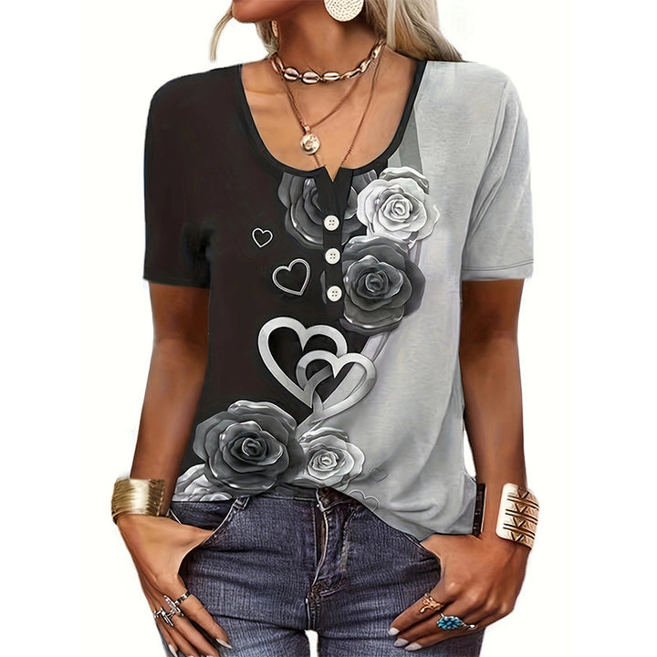 Short sleeve women's t-shirt with heart-shaped floral design and button placket Lune London
