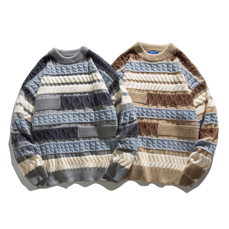 Unisex Oversize Knit Sweater with Patchwork Cable Pattern and Round Neck Amarae