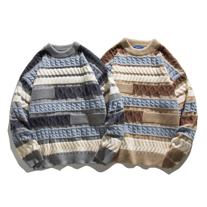 Unisex Oversize Knit Sweater with Patchwork Cable Pattern and Round Neck Amarae