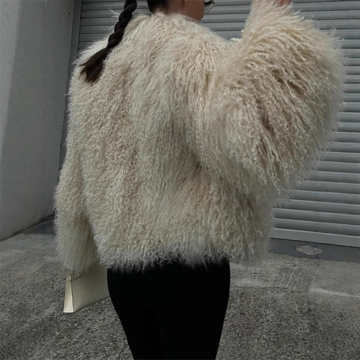 Ladies Elegant Faux Fur Coat with High Collar and Stylish Cut Lune London