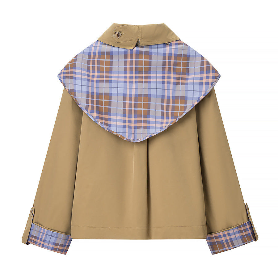 Women's Short Jacket with Removable Check Scarf Collar and Embroidered Patch Pocket Amarae