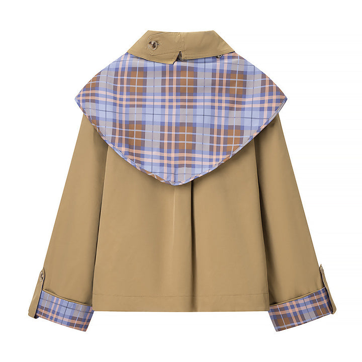 Women's Short Jacket with Removable Check Scarf Collar and Embroidered Patch Pocket Amarae