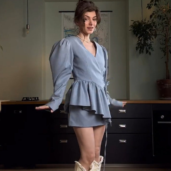 Women's mini dress with ruffle peplum, puff sleeves, and tailored silhouette Amarae