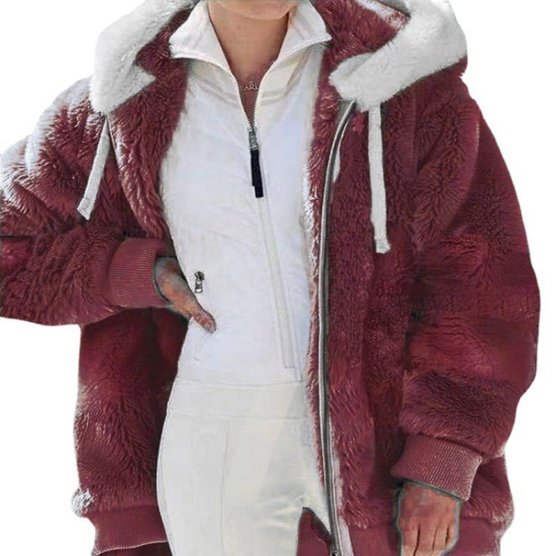 Women's Oversized Sherpa Zip Jacket with Contrast Collar, Ribbed Cuffs, and Drawstring Amarae