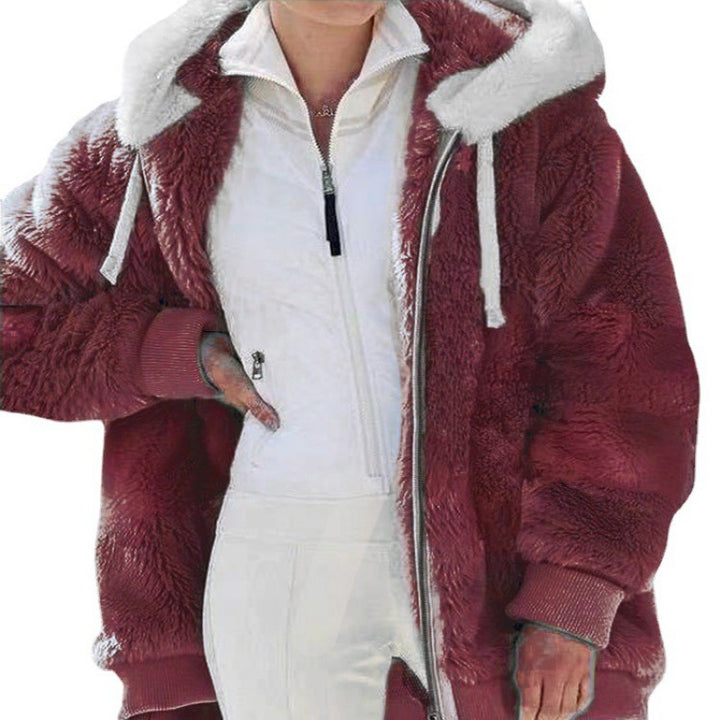 Women's Oversized Sherpa Zip Jacket with Contrast Collar, Ribbed Cuffs, and Drawstring Amarae