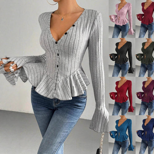 Lady knit top with refined pleated design and button placket Amarae